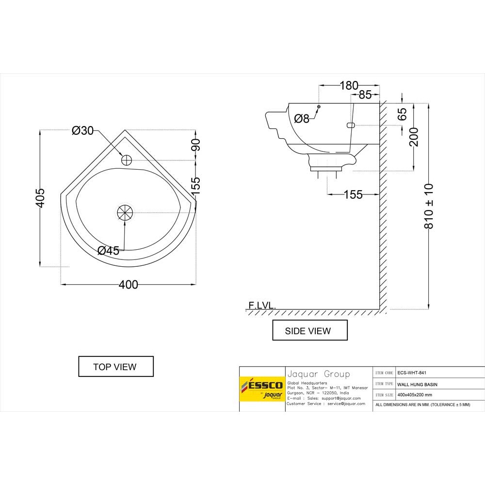 Corner Wall Hung Wash Basin - Essco by Jaquar